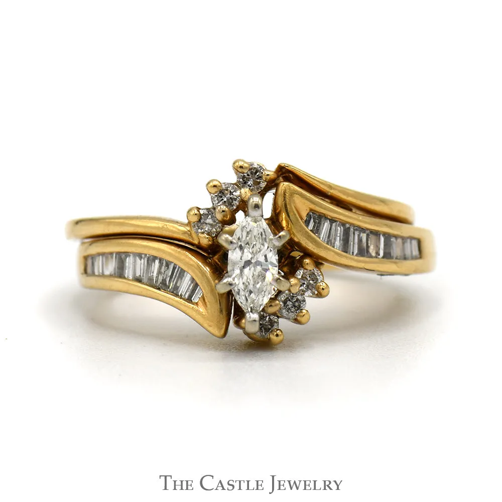 Bypass Diamond Bridal Set .50CTTW With .20CT Marquise Cut Center With Baguette And Round Diamond Accents In 14KT Yellow Gold