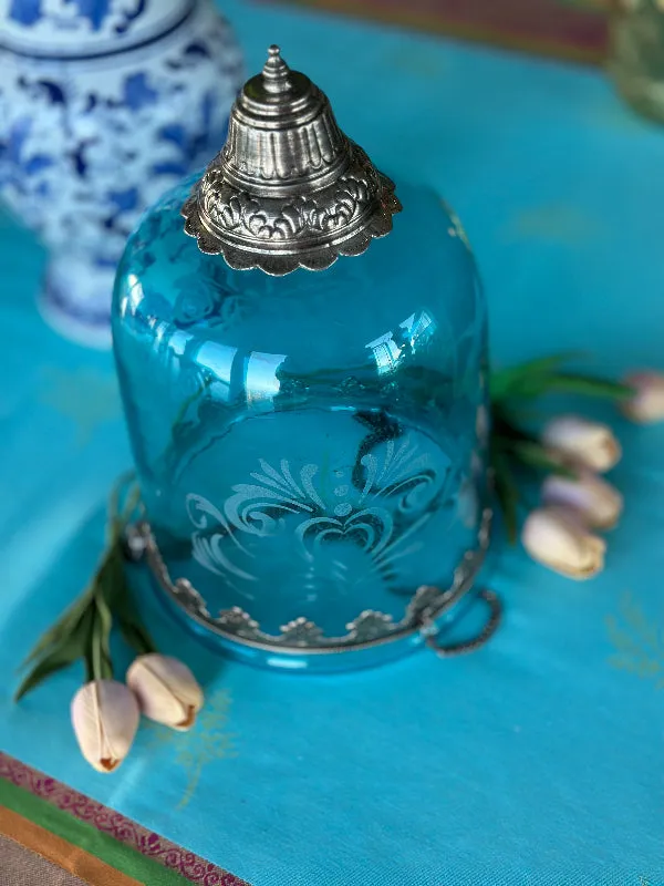 Vintage Hanging Lantern, Candle Holder, Bell Shape, Etched Glass, Silver Tone Detail, Chain Hook